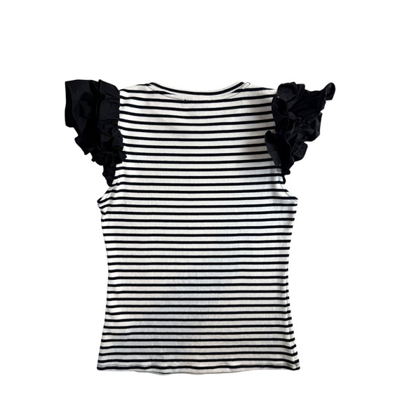 Gibson Latimer Women's Black and White Striped Ruffle Cap Sleeve Top S/M - Picture 3 of 7